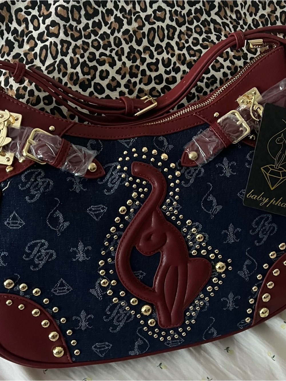 Baby Phat Navy Denim Shoulder Bag with Burgundy Trim & Gold Studs